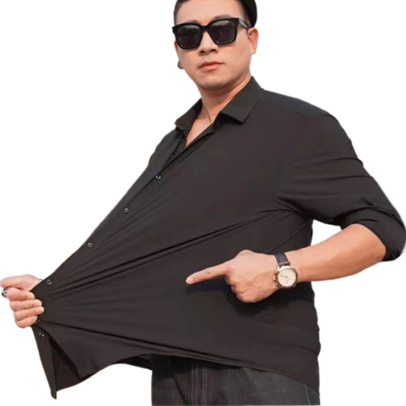 

European plus size elastic shirt for men, solid color long sleeved loose four sided elastic shirt for men
