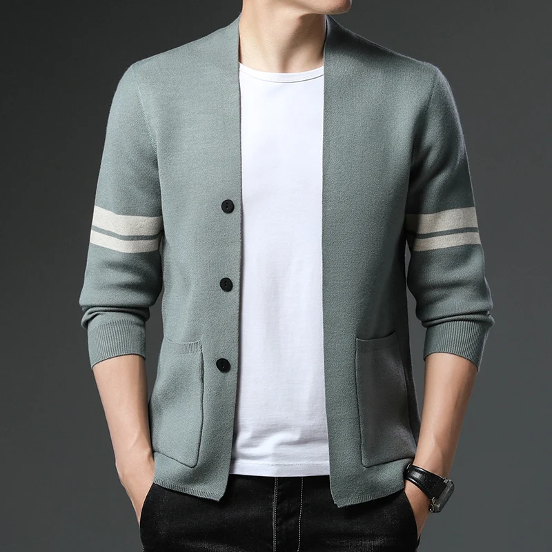 

High Quality Mens Wool Blend Cardigan Autumn Fashion Stripes Knitwear Long Sleeve Male Sweater Coat Buttons Knit Outwear