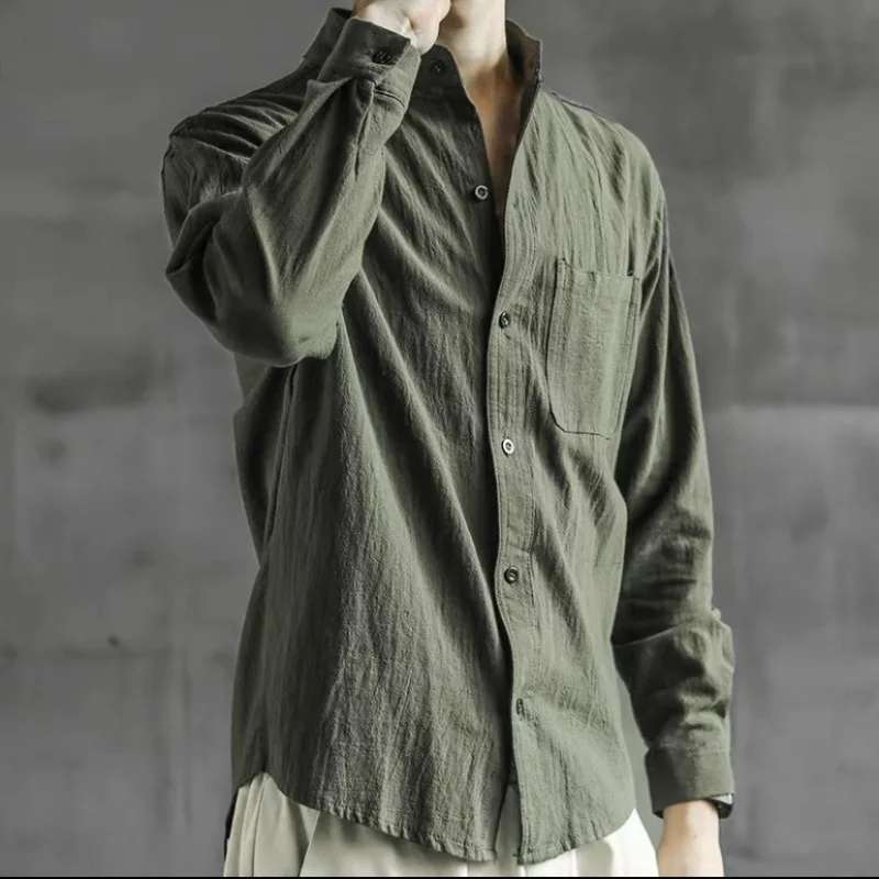 

Spring Autumn Pure Color Long Sve Men's irt Thin Casual Cotton Linen Loose Fit Outerwear for Youth Daily Wear