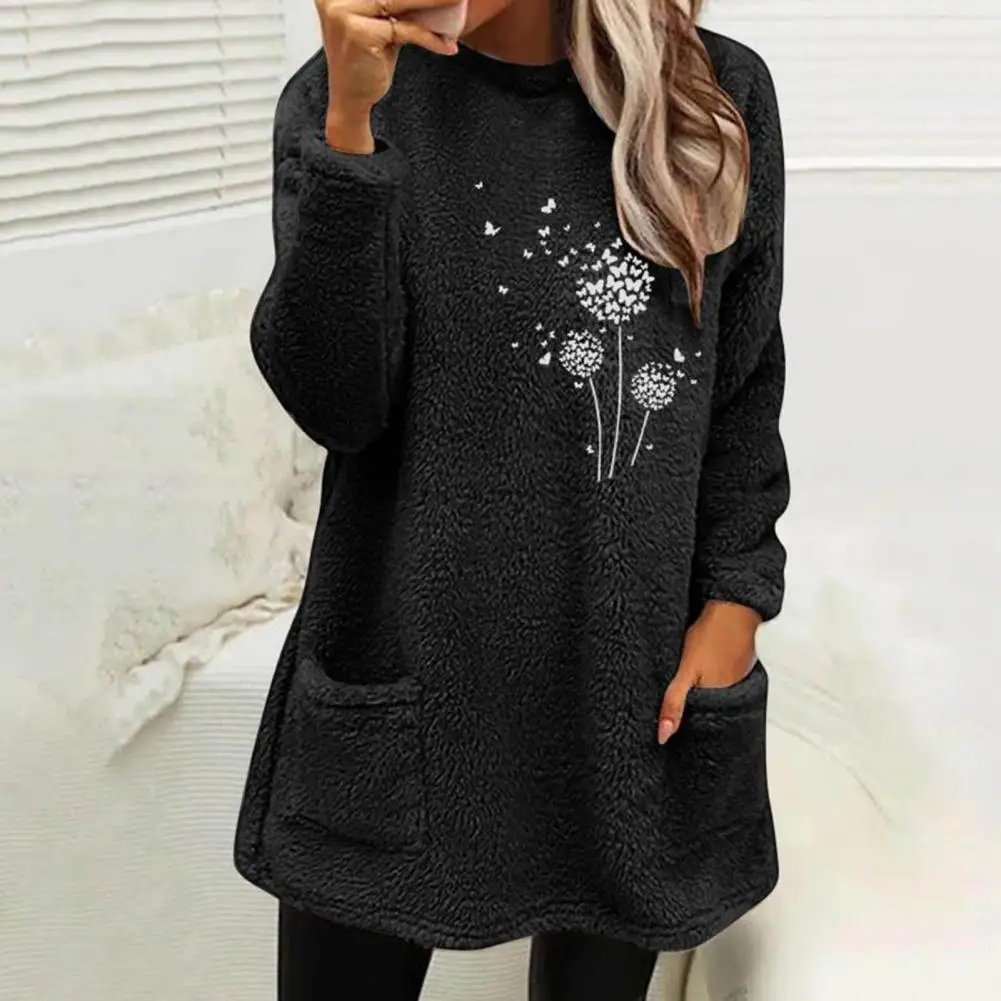 Women Winter Sweatshirt Flower Print Thicken Plush Long Sleeves O Neck Cold-proof Side Pockets Fall Sweatshirt Female Clothes