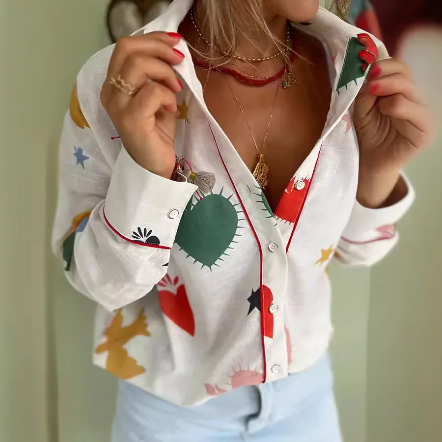 Women Shirts Print Turn Down Collar Button Elegant Blouses Full Sleeve Spliced Regular Casual Top Shirt Outwear Office Lady