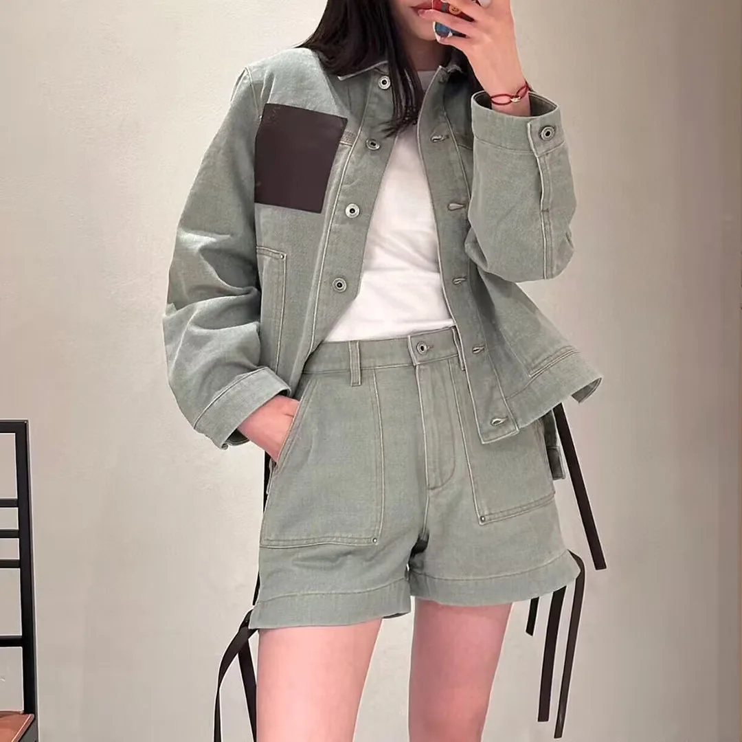 

Autumn Vintage Loose Green Denim Jacket Women Lapel Pockets Patchwork Side Leather Belt Single Breasted Casual Streetwear Coat