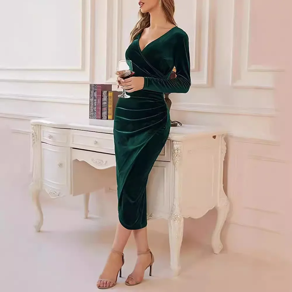 Long Sleeve Women Dress Vintage Solid Color Long Sleeves Ladies Female Party Midi Dress A Stylish Flattering Winter For Women