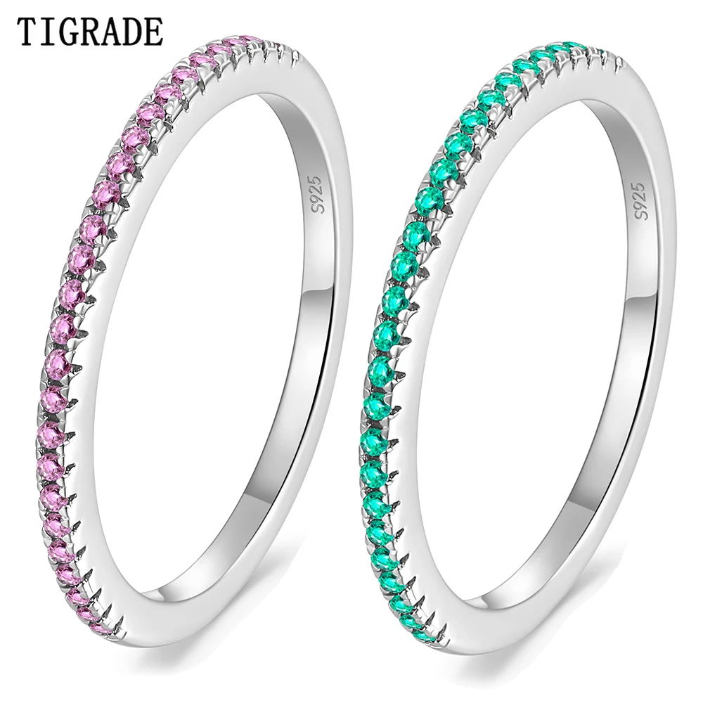 Tigrade 925 Sterling Silver Pink Green Zircon Stackable Rings For Women Dazzling CZ Wedding Band Engagement Promise Jewelry Gift