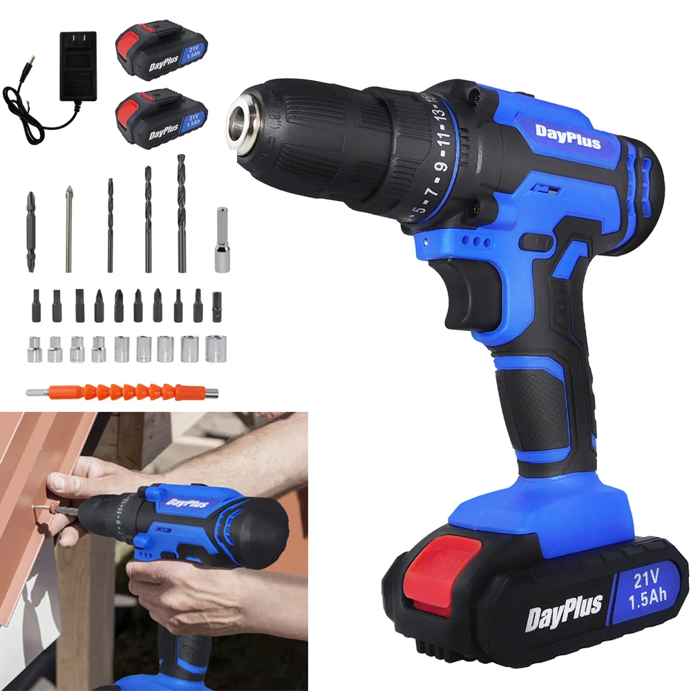 21V Cordless Power Drill with 2 Batteries,Handheld Electric Screwdriver Drill Set,45Nm 25+1 Torque Setting, 2-Speed Drill, 3/8