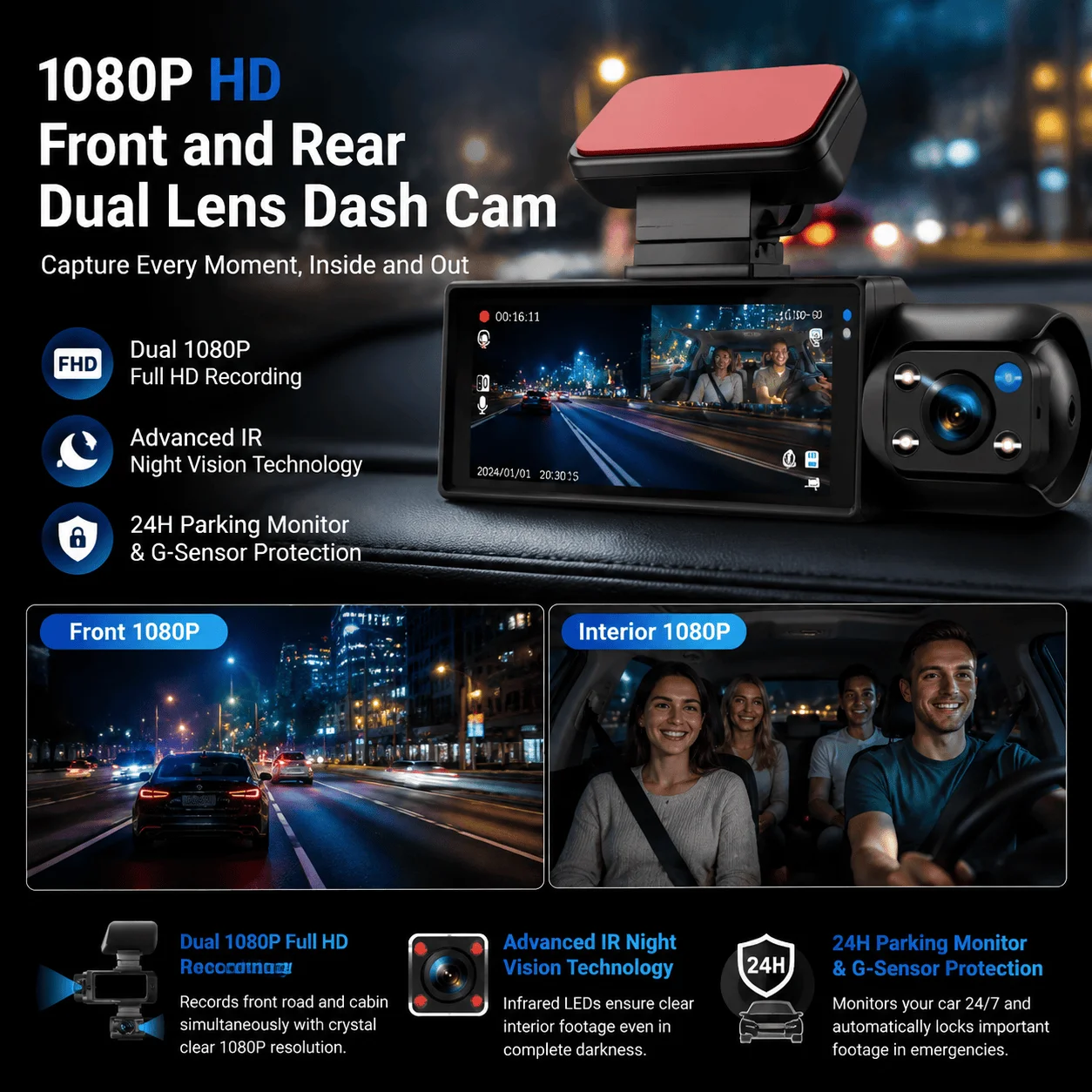 1080P HD Front and Rear Dual Lens Dash Cam Car DVR with IR Night Vision G Sensor 3 16 Inch IPS Screen Wide Angle 170 Degree Parking Monitor Loop Recording Motion Detection WDR Support 128GB Max Built in Mic Super Capacitor