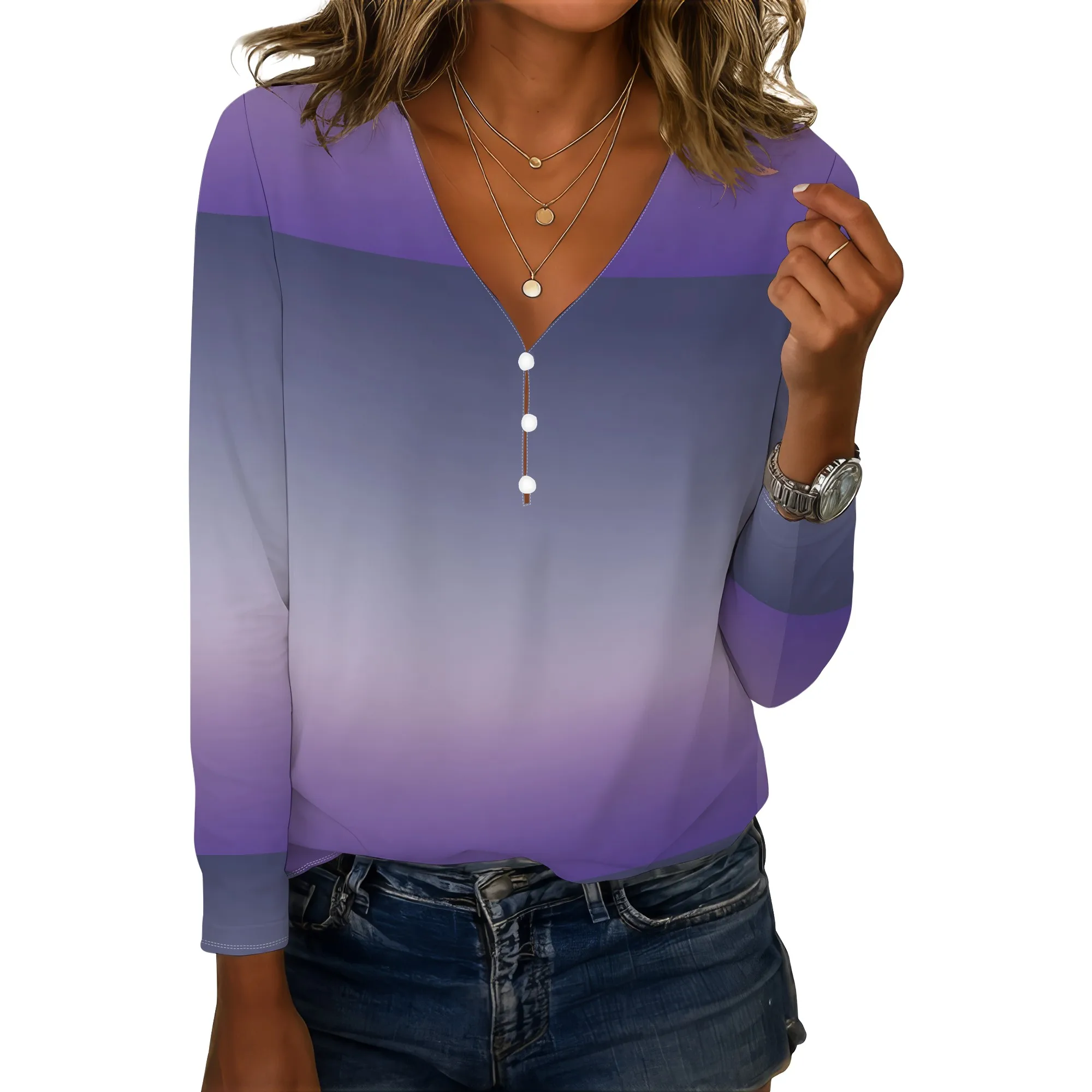 Camicie con scollo a V a maniche lunghe da donna Pullover con bottoni alla moda in colore sfumato Top Camicette floreali comode casual autunno inverno