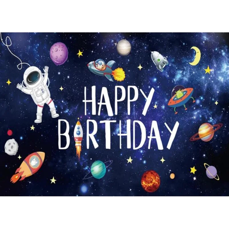 Outer Space Happy Birthday Backdrop Galaxy Planet Astronaut Rocket Photography Background Party Cake Table Banner Decor Props