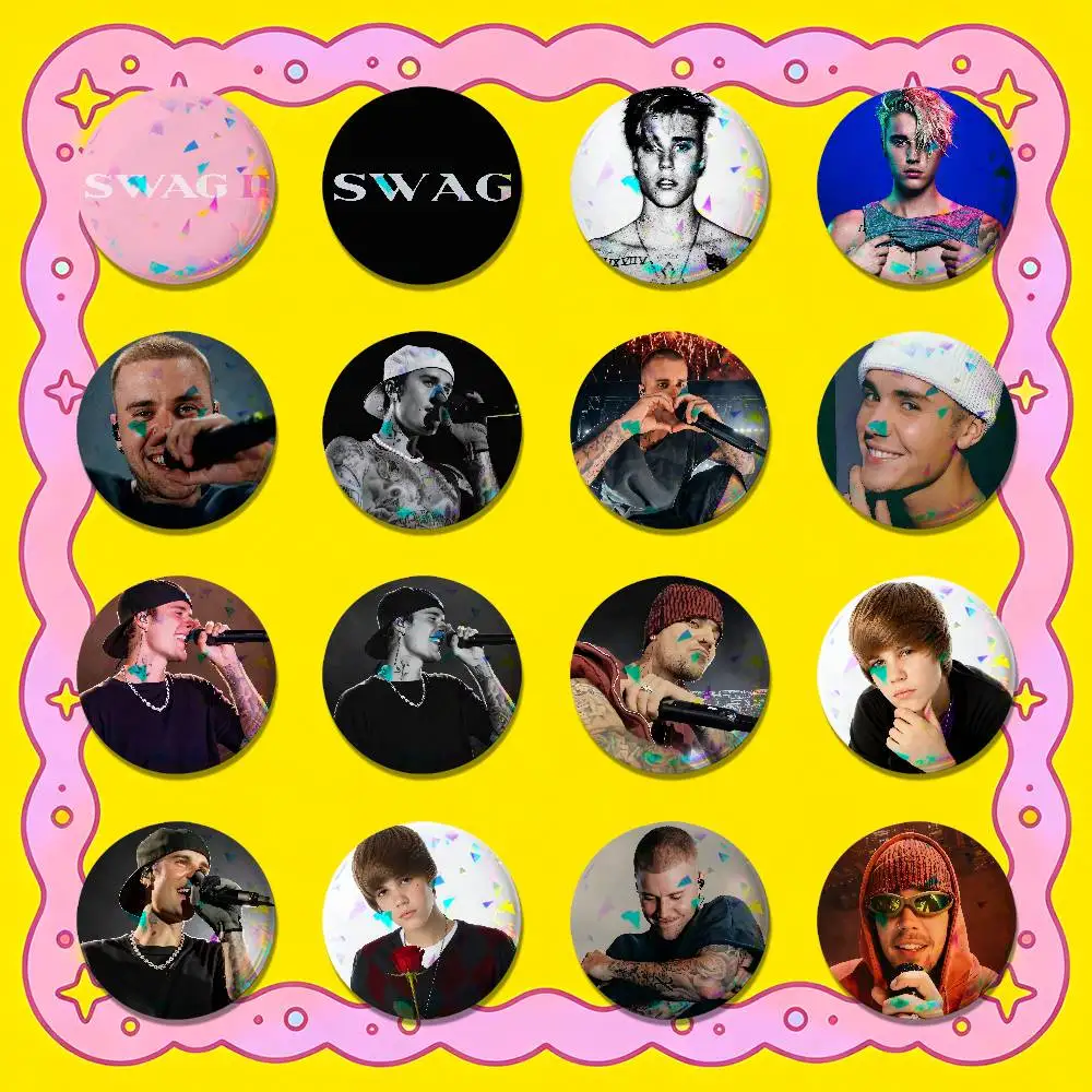 For J-Justin Swag B-Bieber Badge Cover Custom Pin Insignia Emblem Round 32mm Button Hats Laser Film