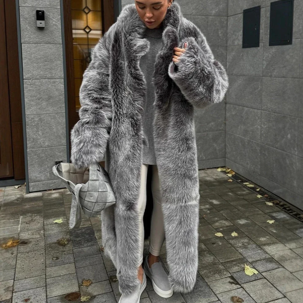 Luxury Faux Fur Long Coats Women Overcoats Stand Collar Full Sleeves Open Stitch Thick Jackets Loose Elegant Casual Fall Winter