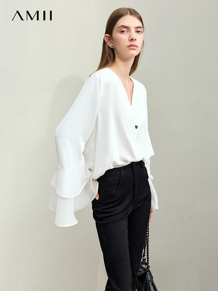 AMII Minimalism 2024 Women\'s Chiffon Shirt Spring New Solid Loose V-neck Double-layer Butterfly Sleeve Retro Blouses 12451037