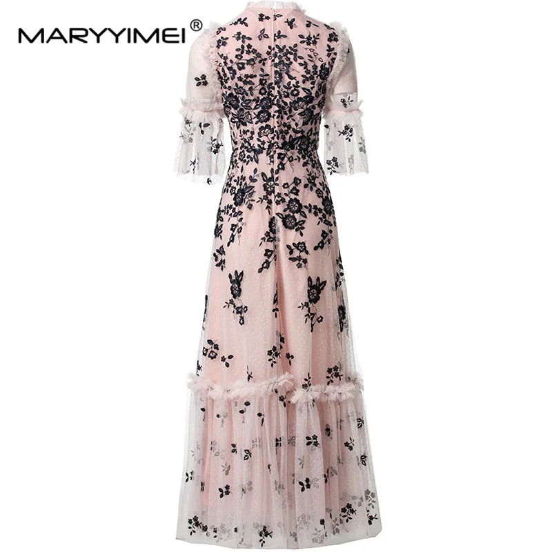 MARYYIMEI Women's Vintage Elegant Dress Flare Sleeved Embroidery Design Edible Tree Fungus Edge Fashionable S-4XL Dresses