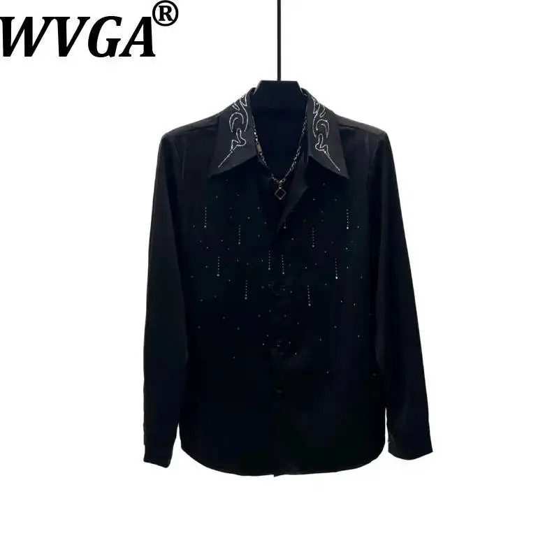 

WVGA Spring Autumn New Men's Diamond-embellished Long Sleeved Shirt Pointed Collar Casual Loose Fit Wrinkle-free Tops Ins W24725