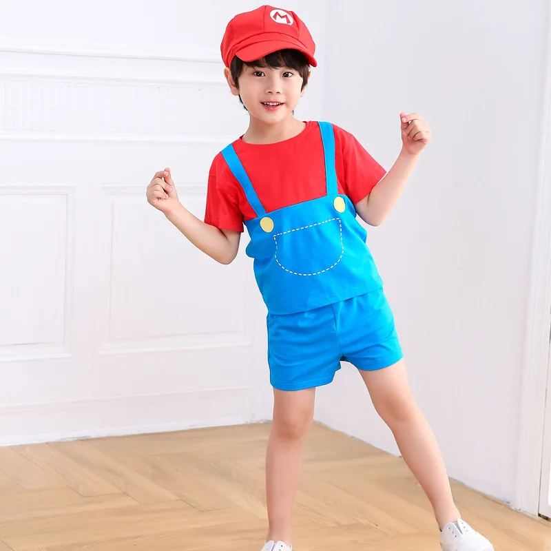 Super Marios Bros Cosplay Costumes with Suit Anime Figure Wario Boys and Girls Children's Summer Short Sleeved Shorts Dress Set