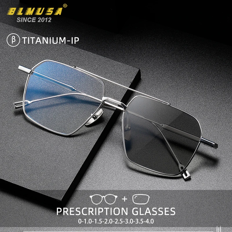 BLMUSA Fashion Pure Titanium Reading Glasses Men Polygon Oversize Frame Anti Blue Ray Photochromic Prescription Optical Glasses