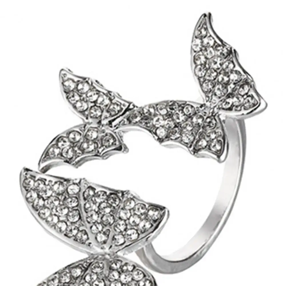 Women Butterfling Ring Three Butterfly Finger Ring Rhinestone Adjustable Band Exaggerated Open Jewelry Gift for Women Open
