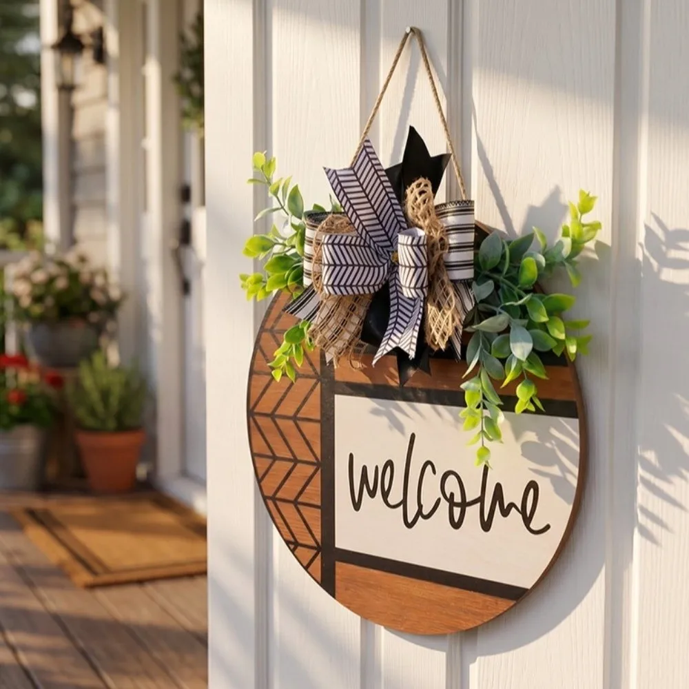 Personalized Wooden Welcome Sign Bow Knot Artificial Plant Door Wreath Round Shape Welcome Hanging Decoration Porch Decor