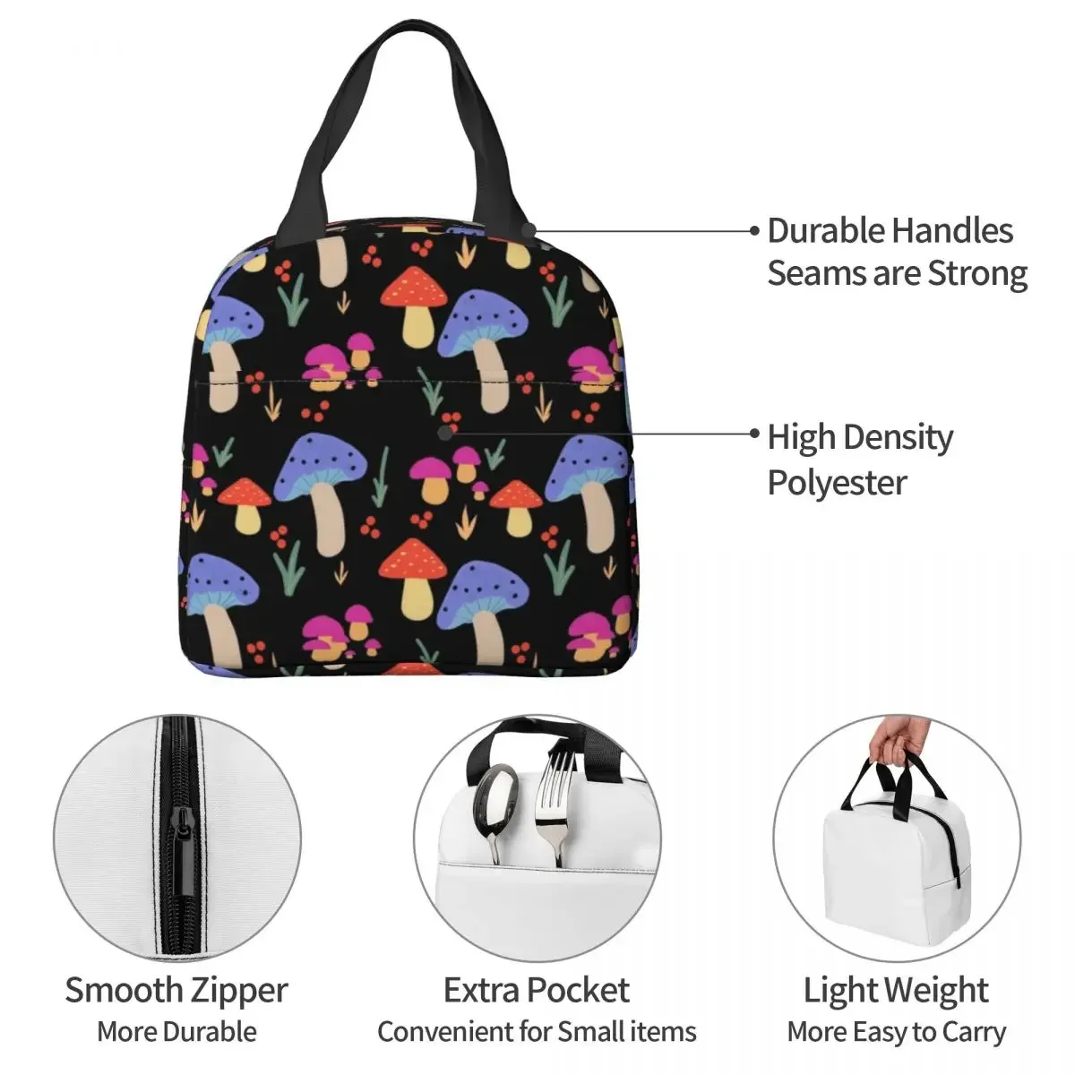 Lunch Bags for Women Kids Mushroom Pattern Thermal Cooler Portable Picnic Travel Psychedelic Canvas Lunch Box Food Storage Bags image 6