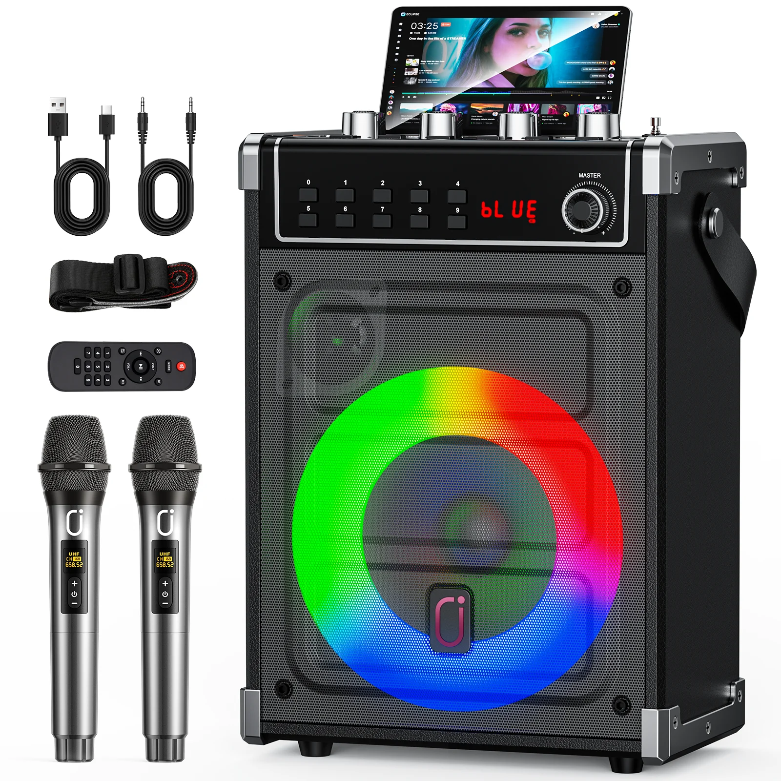 69-black Karaoke-Maschine mit 2 UHF-Funkmikrofonen, Bluetooth-Lautsprecher mit Bass-/Höhenregelung und LED-Licht, PA-System