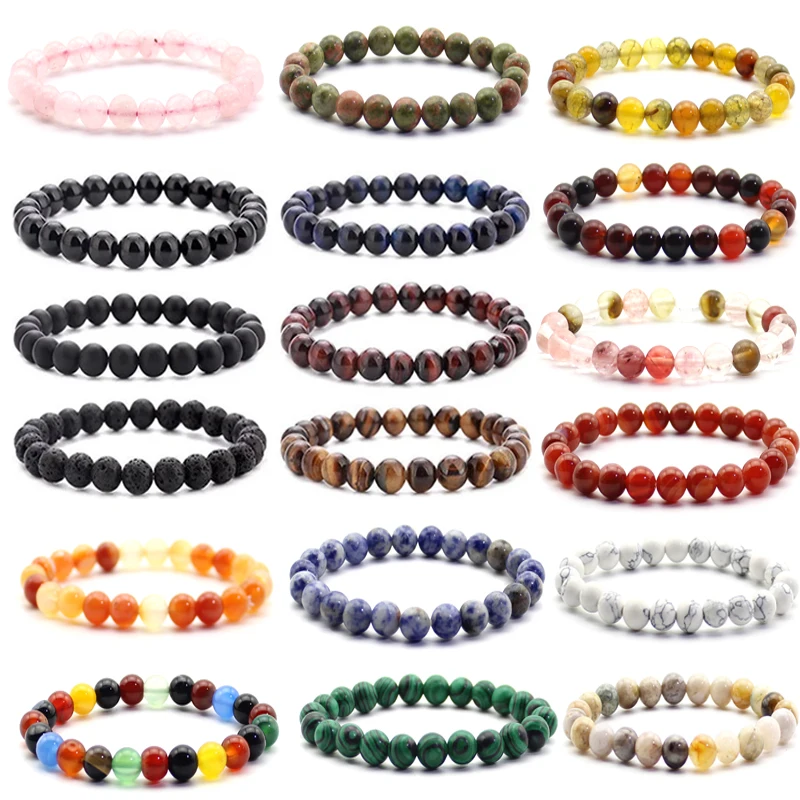 Quartz Bracelet 8mm Natural Stone Round Bead Lava Tiger Eye Black Onyx Energy Healing Beaded Hand Bangle Yoga Women Men Jewelry