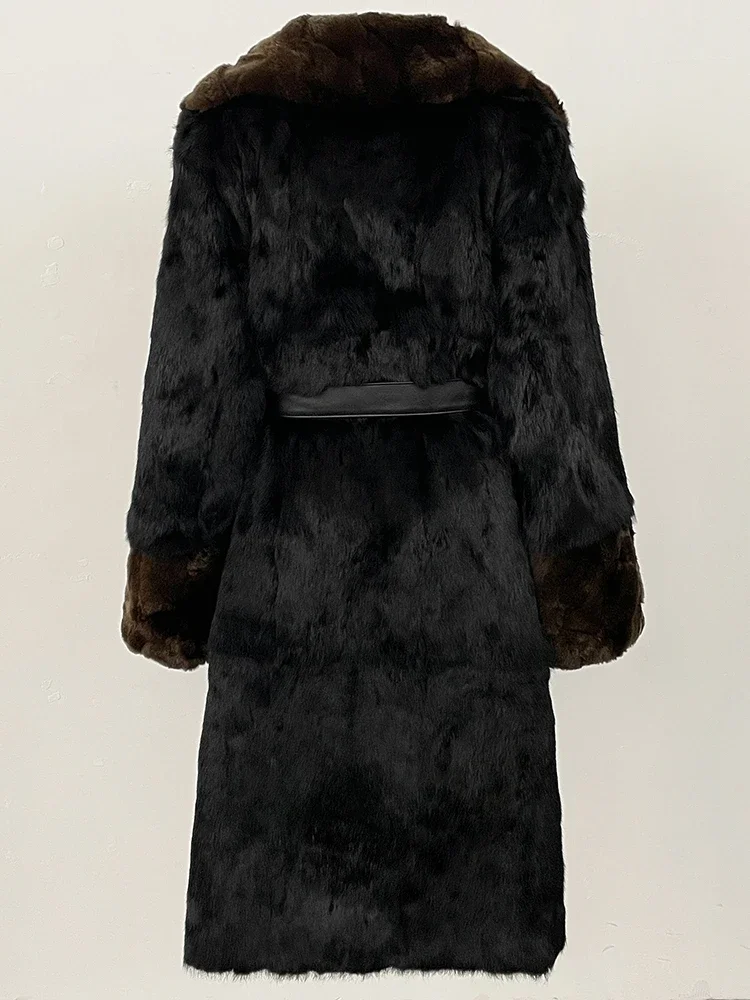 Ropa de invierno 2025 para mujer, abrigo de piel de conejo Natural, cinturón largo de cuero, chaqueta de piel auténtica, moda femenina, ropa cálida de lujo