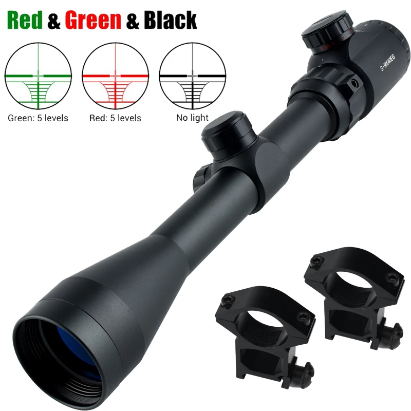 3-9x40EG Red/Green Reflex Scope Optical Hunting Riflescope Long Range Tactical Sight Adjustable Illuminated with 11mm/20mm Mount