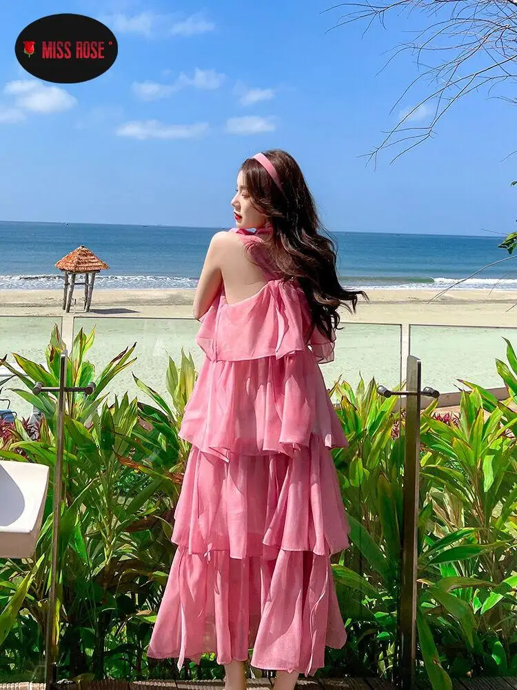 Design Pink Ball Gown Cake Dresses Women Bohemian Beach Princess Hotsweet Fairy Robe Long Maxi Pleated Dress Holiday Vestidos