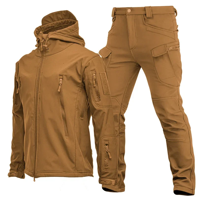Mens New Outdoor Shark Skin Softshell Jacket Set Spring Autumn Winter Military Windproof Breathable Fleece Lined