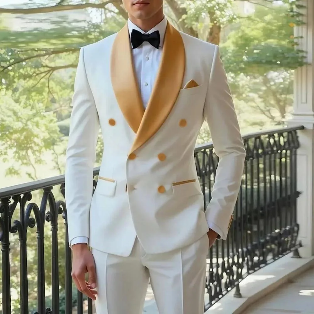

White Men Suit Double Breasted Blazer Pants Latest Designs Gold Shawl Lapel Slim Fit 2 Piece Tuxedos Groom Prom Suits Ternos