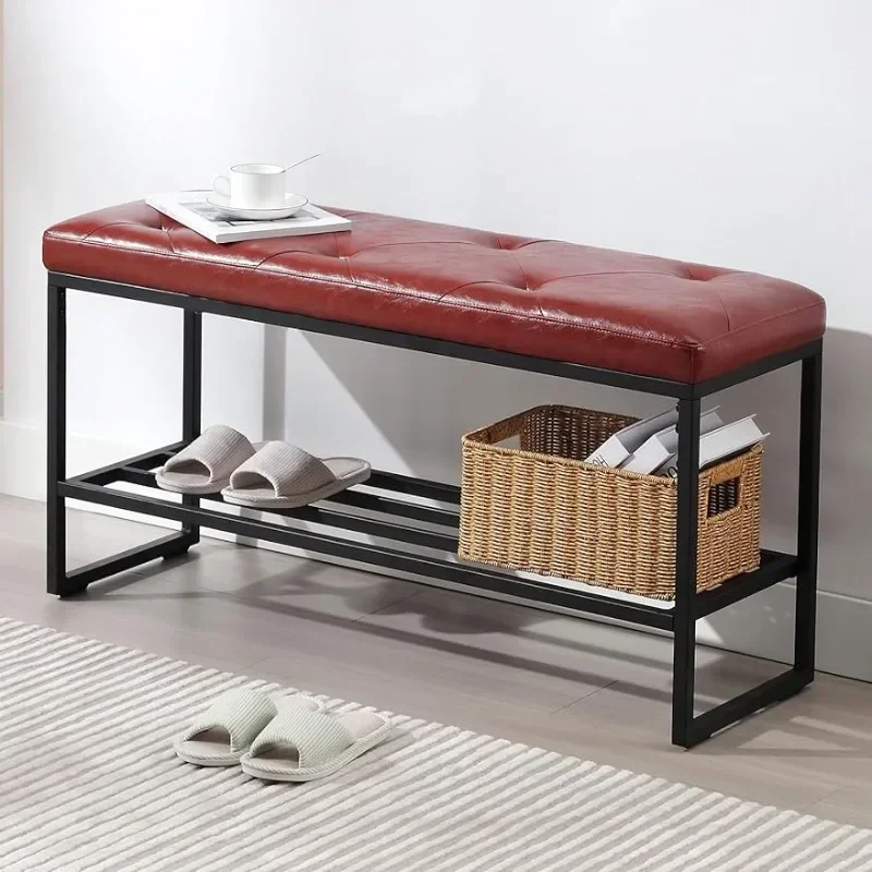 Faux Leather Tufted Ottoman Bench with Storage, Modern Upholstered Bench for Bedroom End of Bed, Metal Shoe Rack