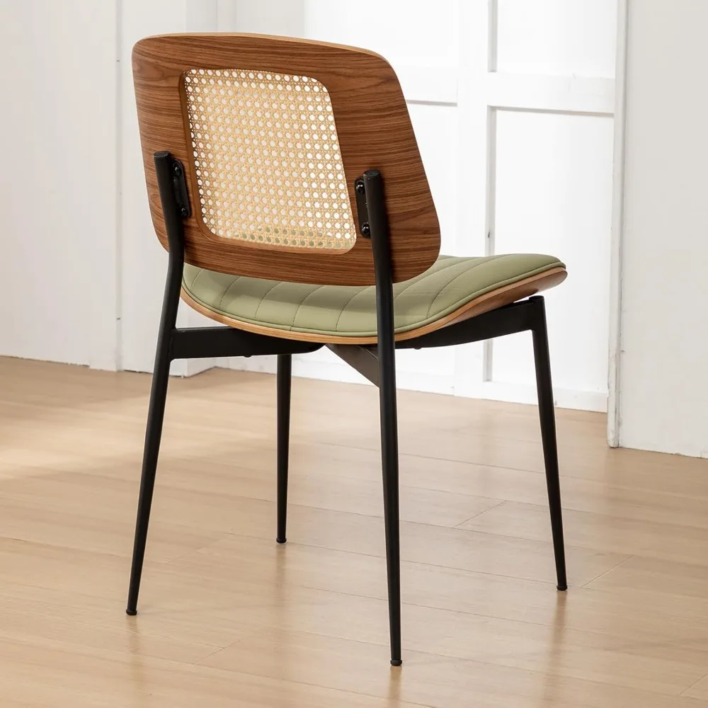 Mid Century Modern Rattan Dining Chairs Set: 4 Green PU Leather Upholstered, Metal Leg Kitchen Chairs with Adjustable Features