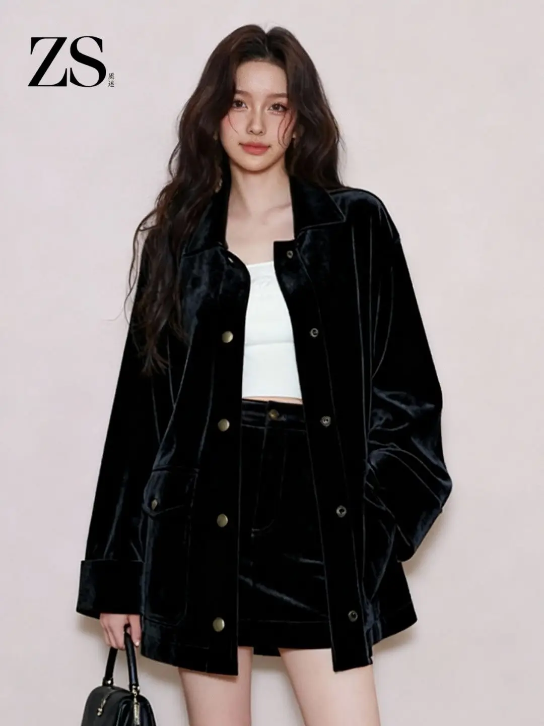 Dopamine Lazy Style Old Money Style Black Jacket Coat+Half Skirt Velvet Two Piece Set for Women