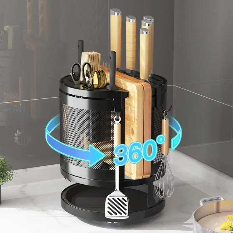 Rotatable Kitchen Knife Rack Chopping Board All-in-one Rack Countertop Corner Chopsticks Cage Multi-function Knife Storage Shelf