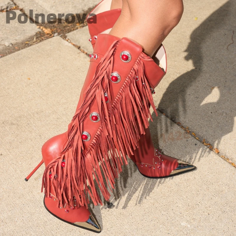 

Women's Retro Fringe High Boots Metal Pointy Toe Splicing Leather Knee High Boots Metal Buckle Decor High Heels Ladies Shoes