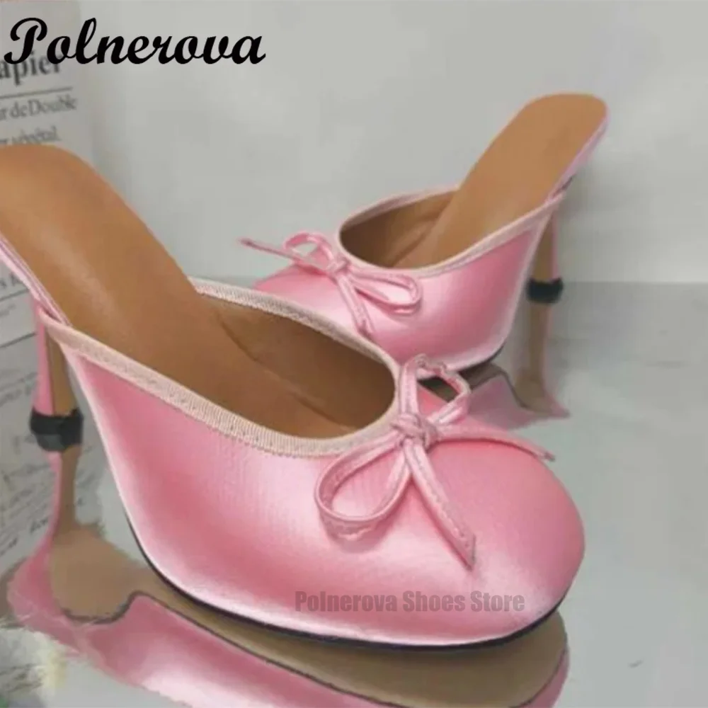 

Pink/black/brown Bow High Heel Slippers Round Toe Mules Stilettos Pumps Dress Heels Handmade Women Shoes Zapatos Para Mujere