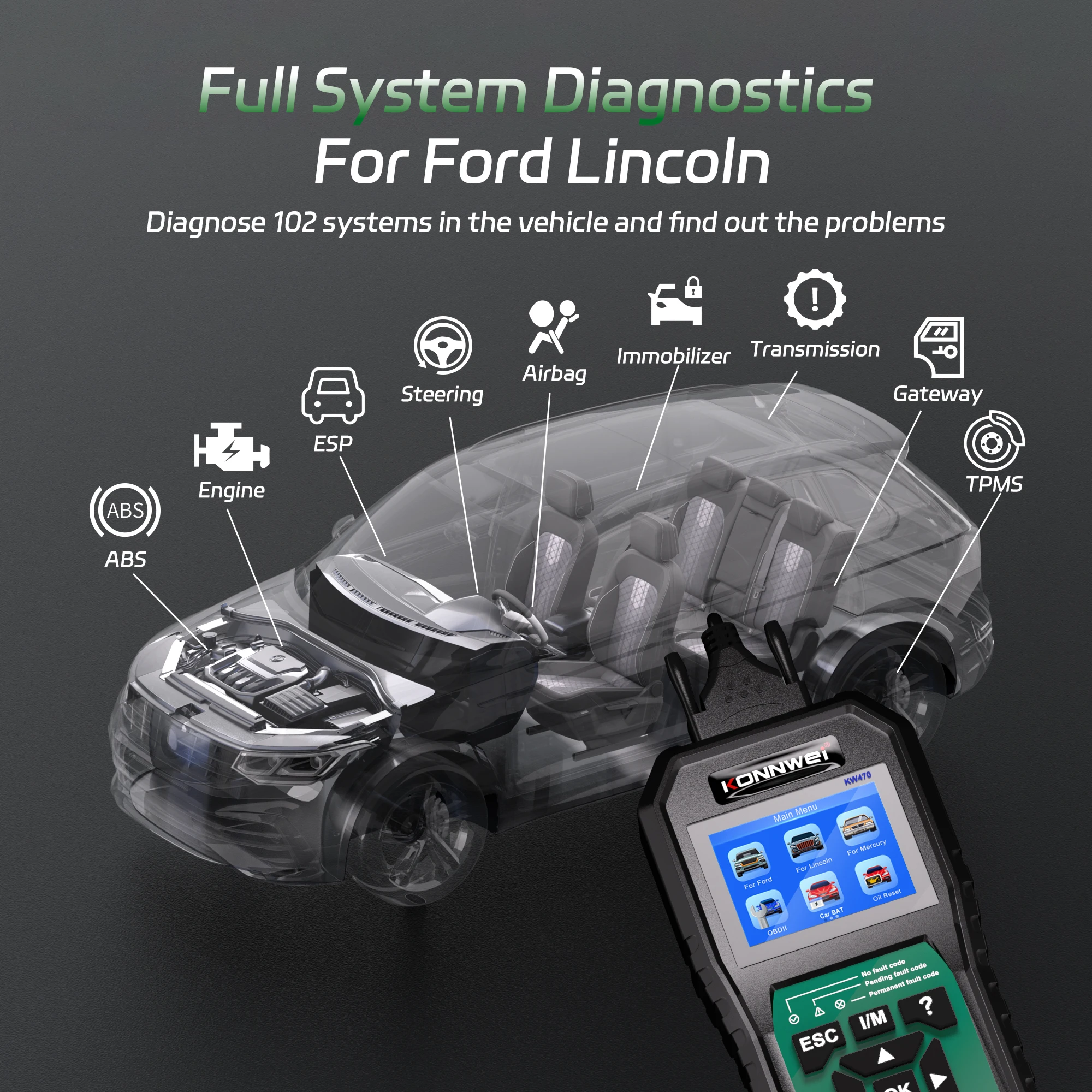 KW470 Professional OBD2 Car Scanner For Ford Lincoln Mercury ABS SRS Airbag Diagnostic Code Reader EPB DPF Oil Reset