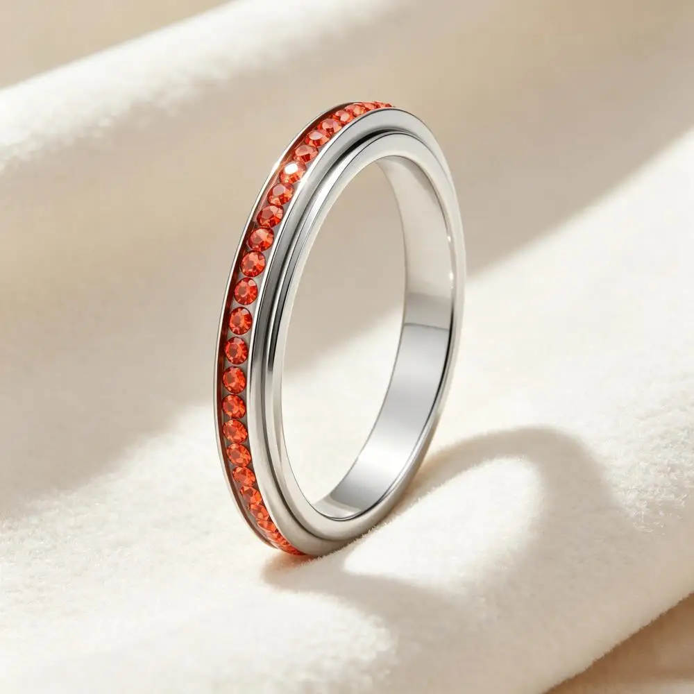 Charm 3MM Wide Rotating Red Rhinestone Stainless Steel Spinner Rings For Women Female Thin Finger Wedding Bands Jewelry