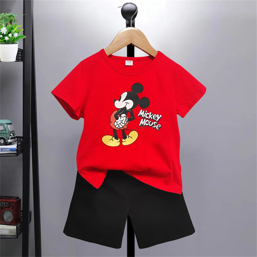 Summer 2024 Cute and Fun Disney Cartoon Boys Girls Printed T-shirt + Shorts Set Top Cotton Short Sleeve Shorts Gift