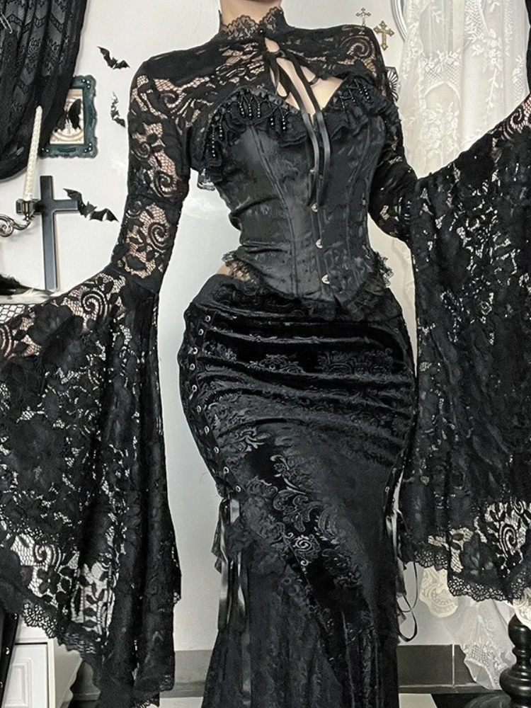 AltGoth Halloween Palace Style Gothic Smock Damen Vintage Sexy dunkle Spitze Durchsichtige Bluse mit ausgestellten Ärmeln Fee Grunge Kleidung