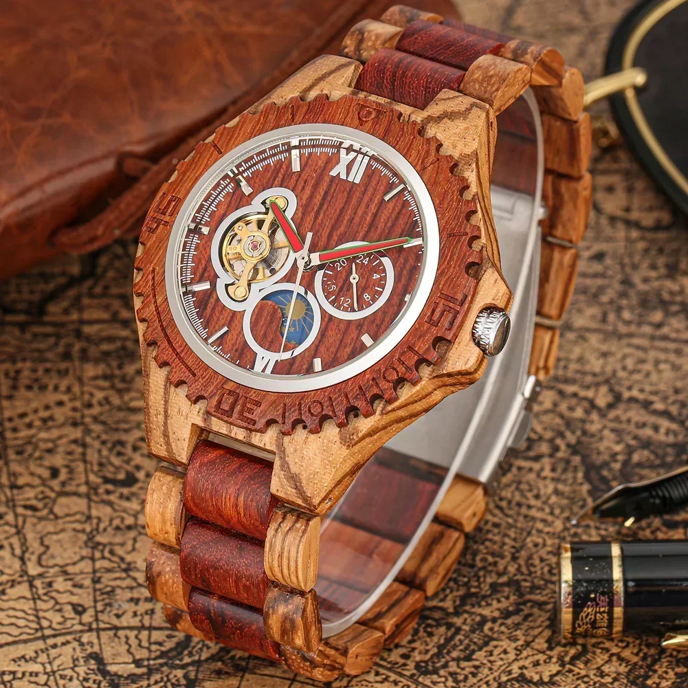 Wooden Automatic Men Watch Full Wooden Bracelet Wristwatch Folding Clasp Watchband Stylish Mechanical Self-Winding Male Watches