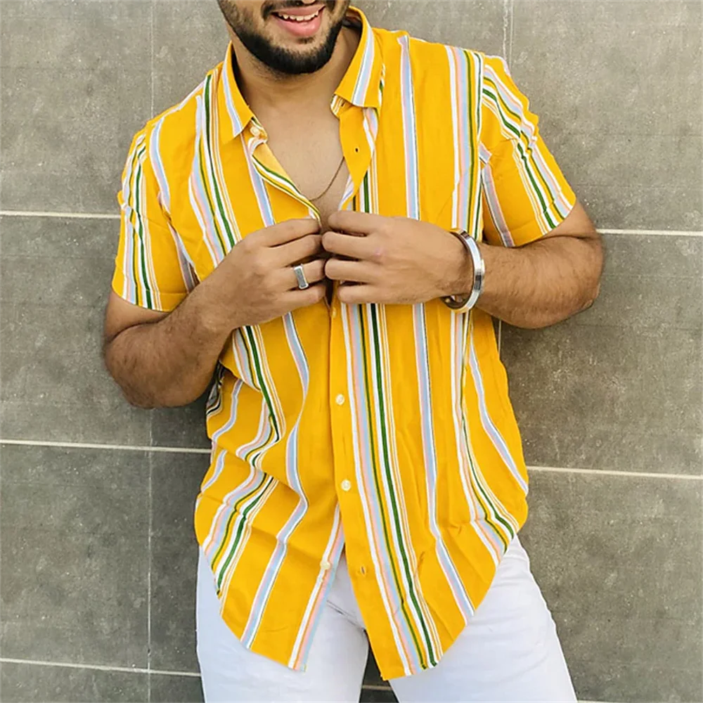 Men's Vintage Hawaiian Shirt Striped Summer  Neck Fleece Lined Extra Wide Fit Nine Sleeve Length Autumn Fashion