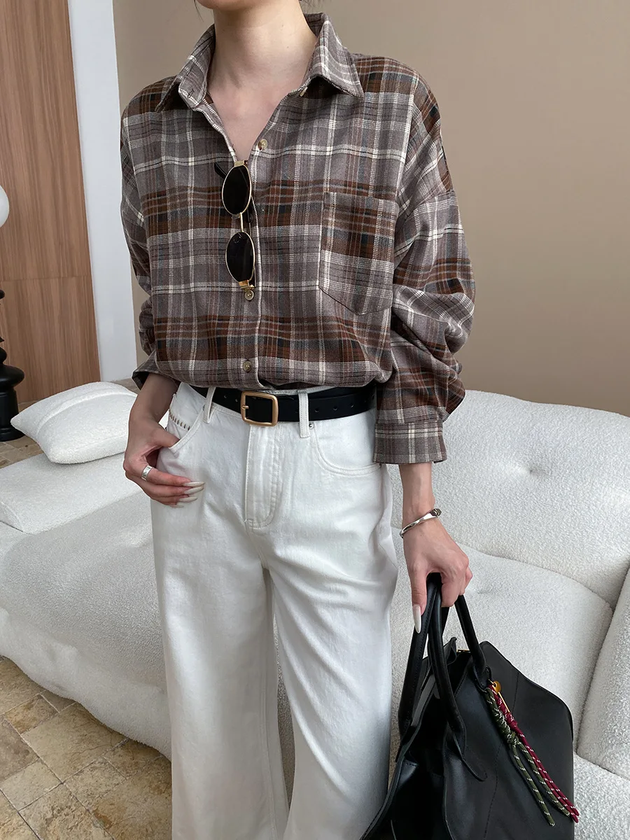 Amerikaans lui casual revers los en veelzijdig geruit overhemd met lange mouwen