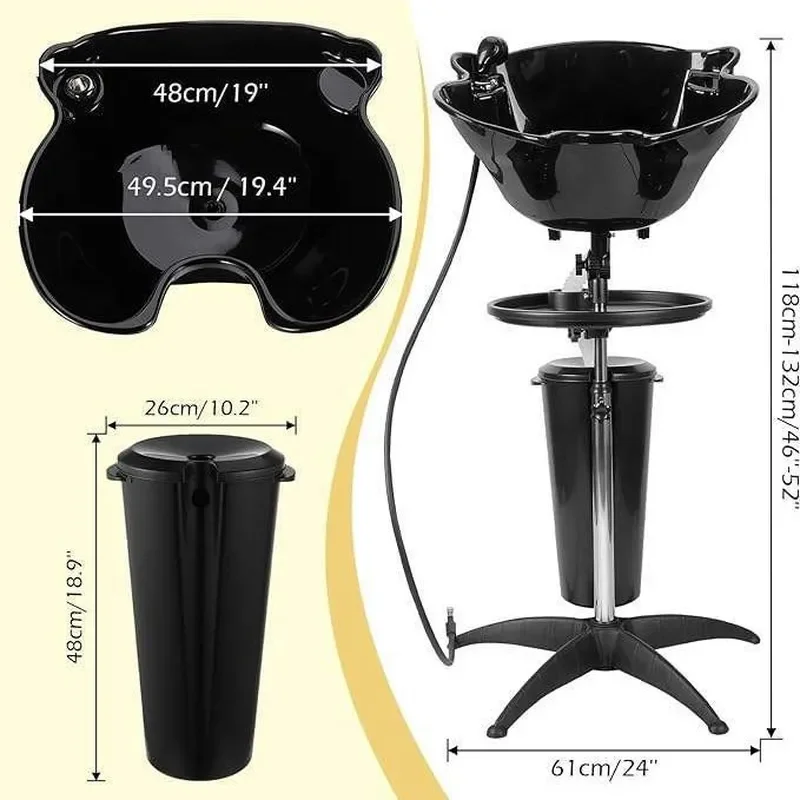 Portable Vertical Shampoo Basin for Barber Shop Mobile Hair Washing Sink with Tray Adjustable Height for Elderly Pregnant