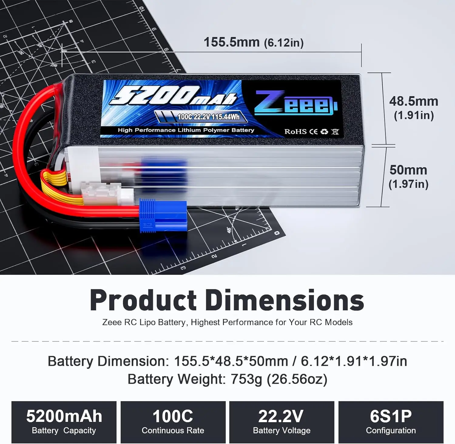 1/2pcs Zeee 6S 5200mAh FPV Drone Lipo Battery 22.2V 100C with EC5 Plug for RC Car Truck Airplane Helicopter Boat RC Models Parts