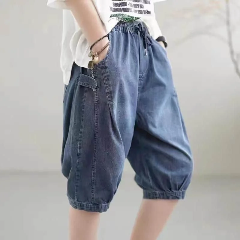 Denim Shorts Women 2026 Summer Wear Vintage Literary Elastic Waist Jeans Harem Five-point Pants Casual Loose Women Clothing