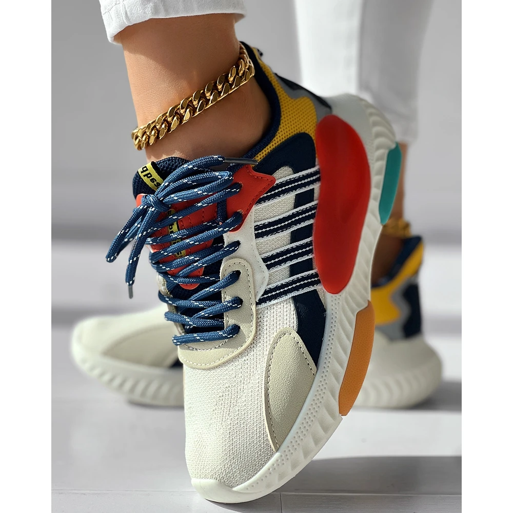 Fashion Women Colorblock Breathable Mesh Lace-up Sneakers Daily Casual Round Toe Platform Sports Shoes Spring Going Out Shoes