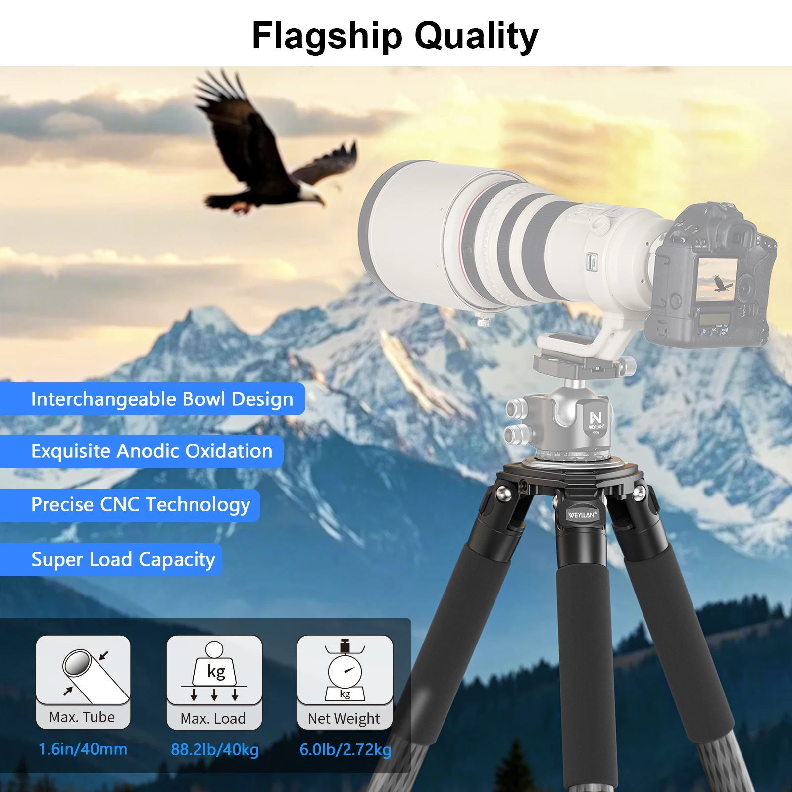 Tripod serat karbon 63 inci, Tripod tugas berat, WEYLLAN NX9 40mm, dudukan kamera profesional dengan adaptor mangkuk beban 40kg