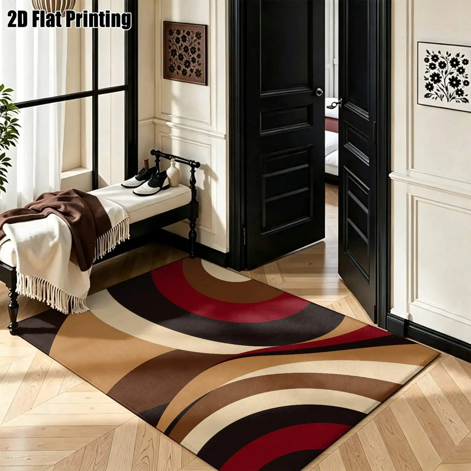 1Pc 2D Printed Retro Brown-Red Geometric Striped Carpet, Nordic/Instagram/Modern Minimalist/European Style, Home Decor, Multi-Size, Machine-Washable For Entrance, Dining Room, Foyer, Living Room, Bedroom.