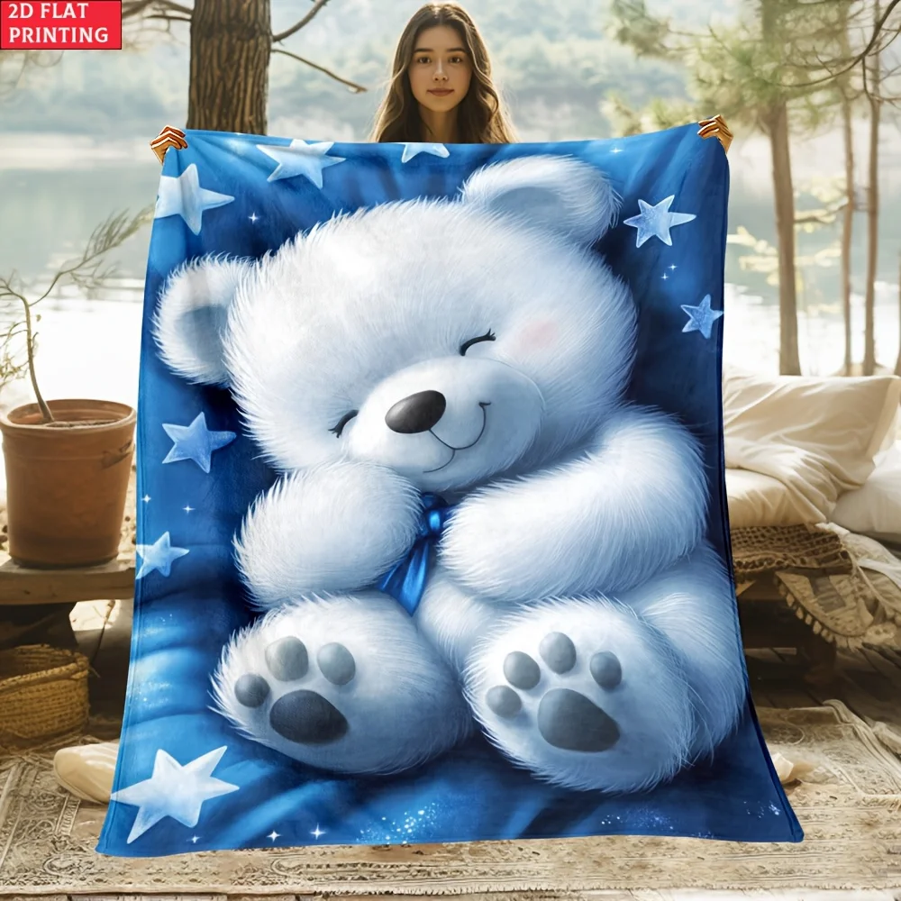 Teddy Bear Pattern Blue Flannel Blanket