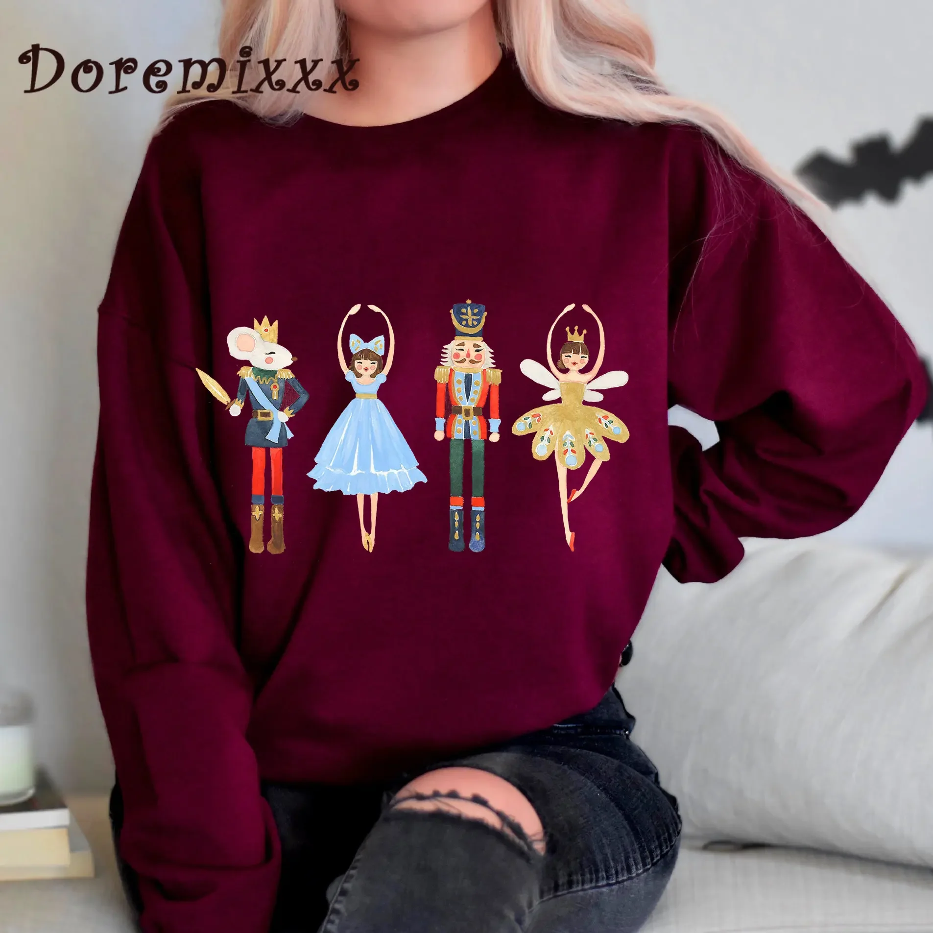 Women Loose O-Neck Nutcracker Sweatshirt Cotton Long Sleeve Casual Female Simple Pullovers Sugar Plum Fairy Hoodies Christmas